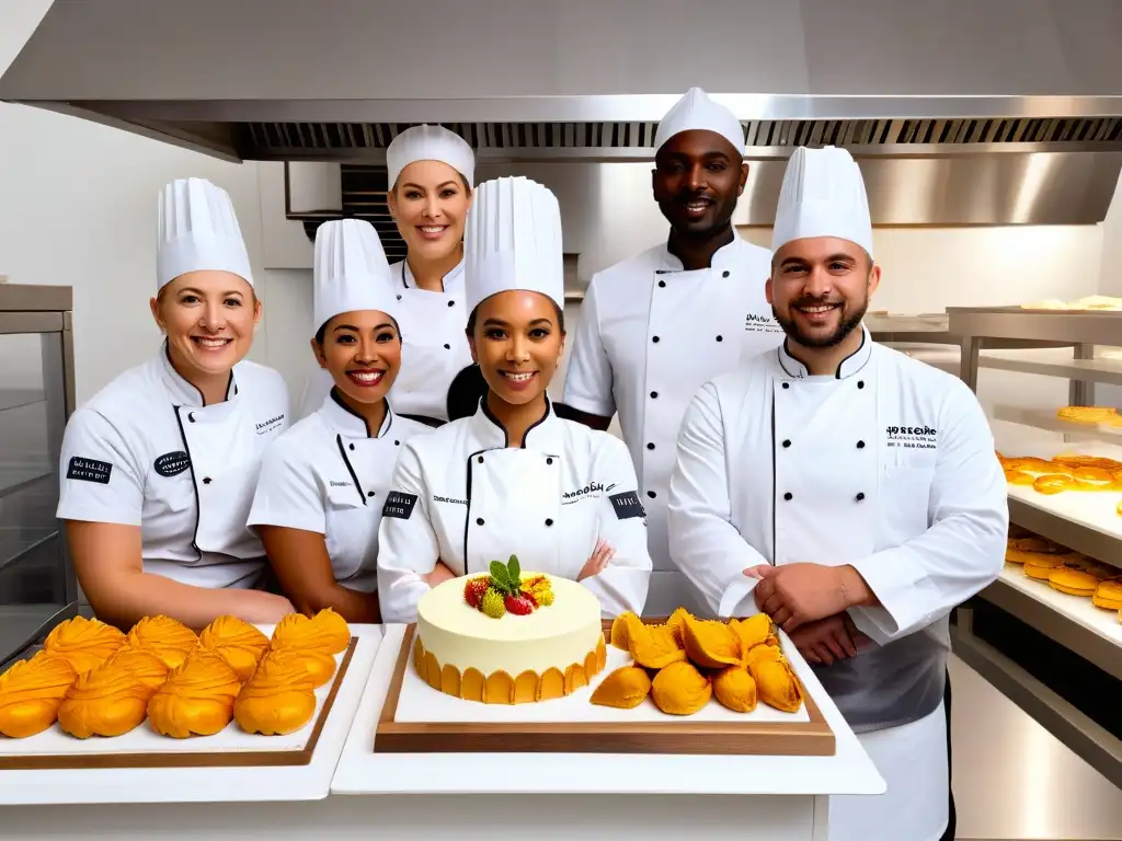 Equipo multicultural de chefs pasteleros creando postres sostenibles Un equipo diverso de chefs de repostería practica técnicas de repostería sostenible en una cocina ecológica y moderna