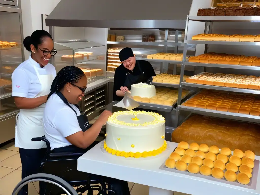 Un equipo diverso con discapacidades crea delicias en una panadería moderna; inclusión y pasión