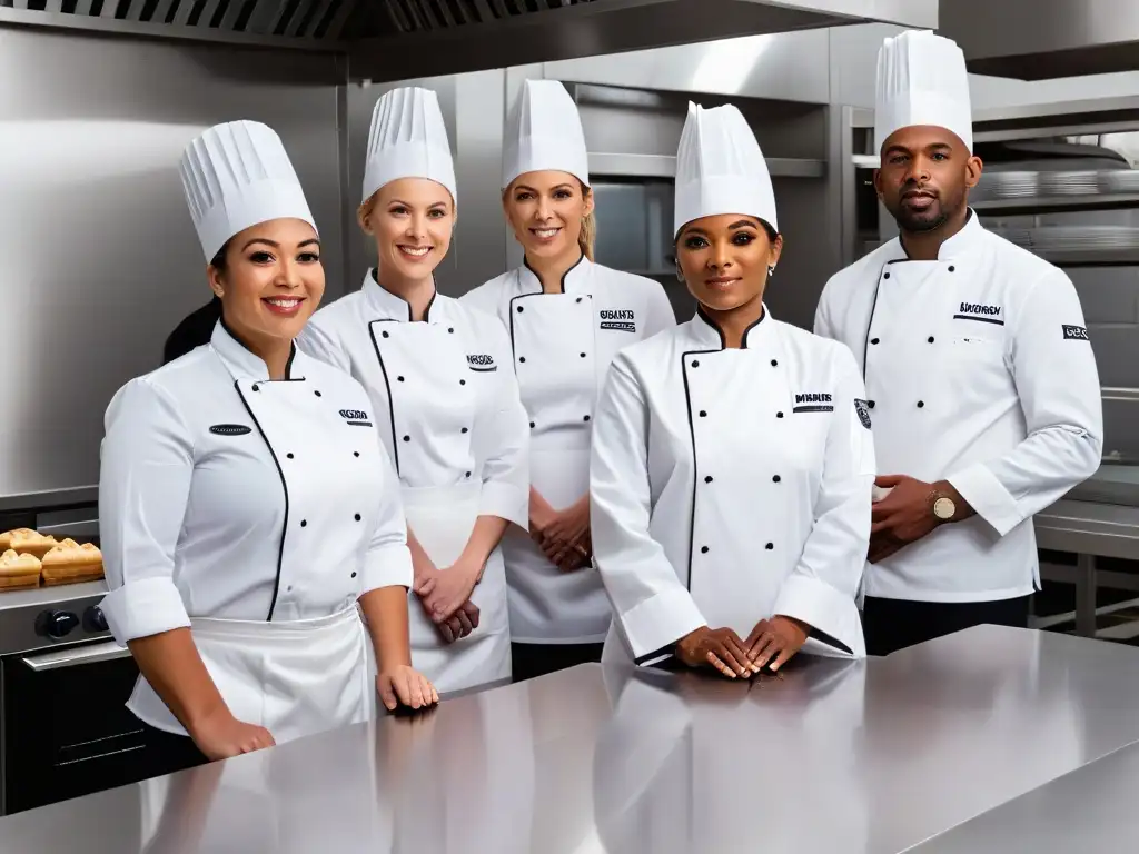 Un equipo diverso de pasteleros trabajando juntos en una cocina moderna, mostrando colaboración y profesionalismo