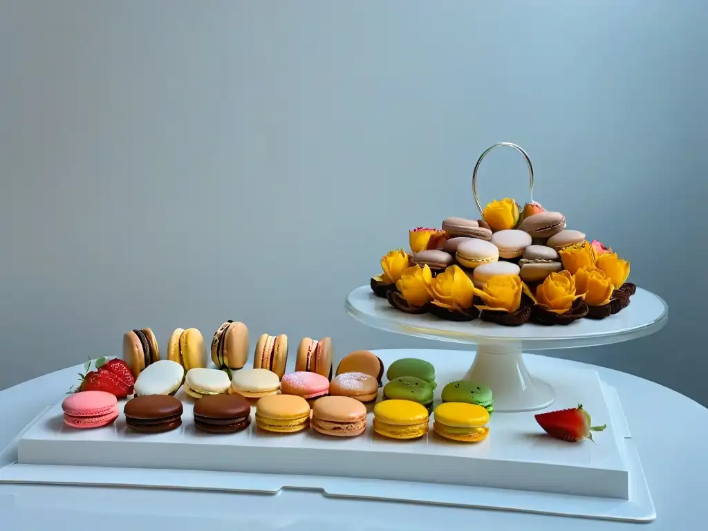 Un escaparate minimalista de postres de marca, con macarons, pasteles y tartas elegantes en platos blancos