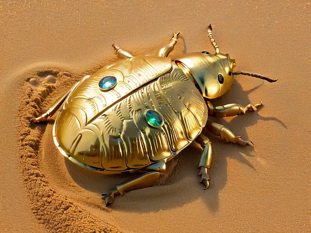 Escarabajo egipcio dorado con joyas brillantes sobre arena, reflejos de luz y jeroglíficos