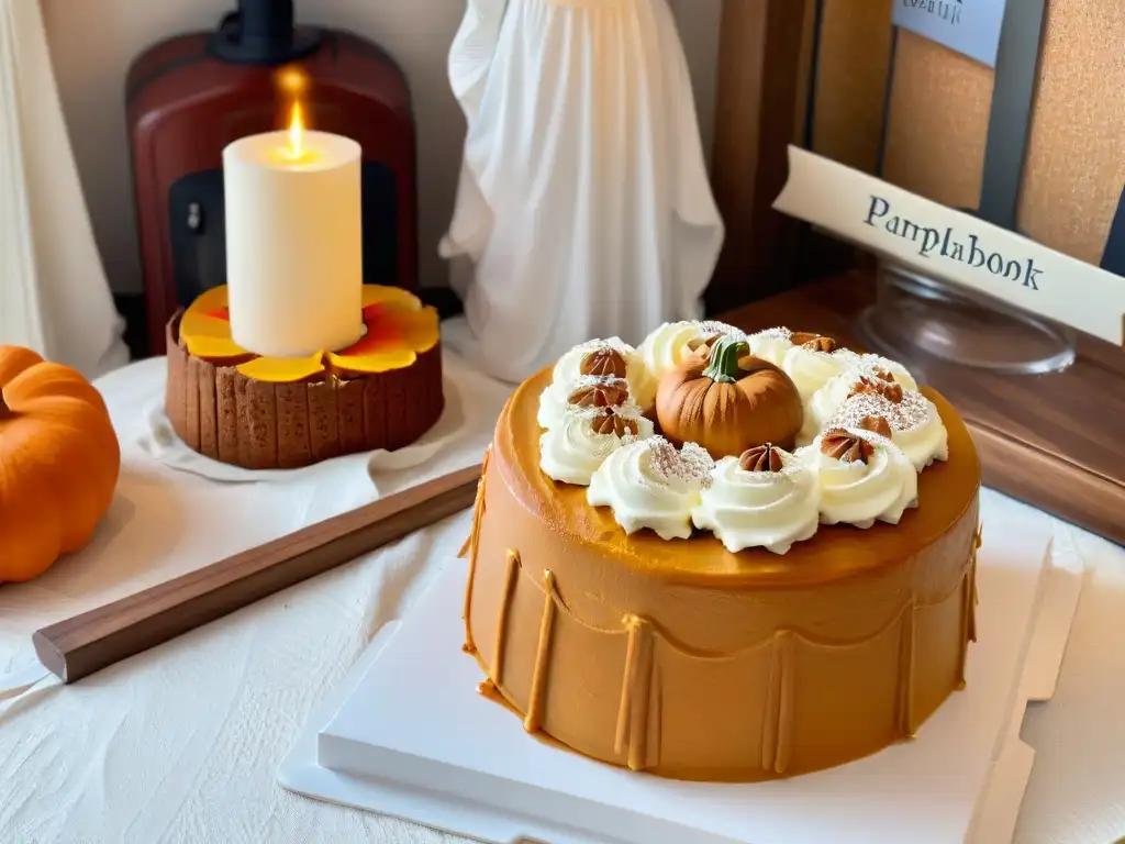 Escena acogedora de cocina con pastel de calabaza estilo Hagrid recién horneado en mesa de madera rústica