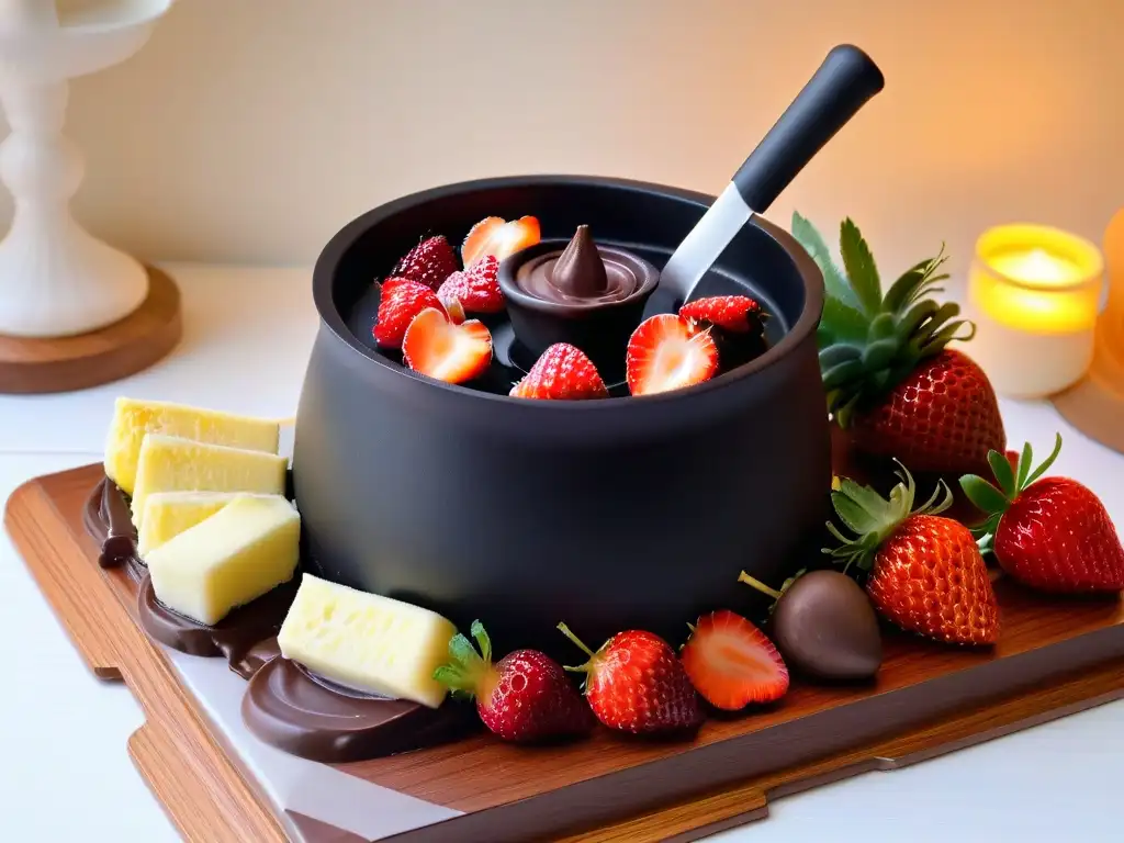 Escena acogedora de fondue de chocolate perfecta con frutas frescas y luz de velas