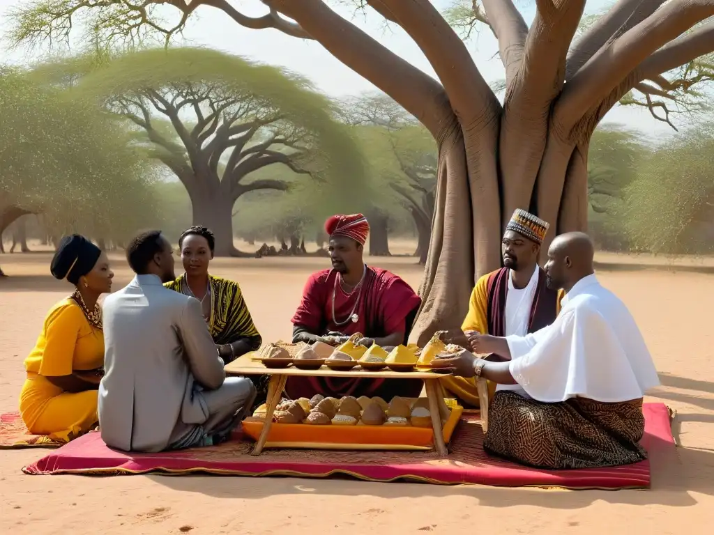 Una escena africana: Personas en trajes tradicionales comparten postres de batata bajo un baobab, con la sabana de fondo