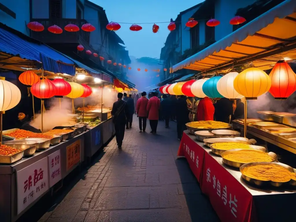 Escena animada de un mercado callejero en Asia con puestos de crepes y festivales de crepes en el mundo