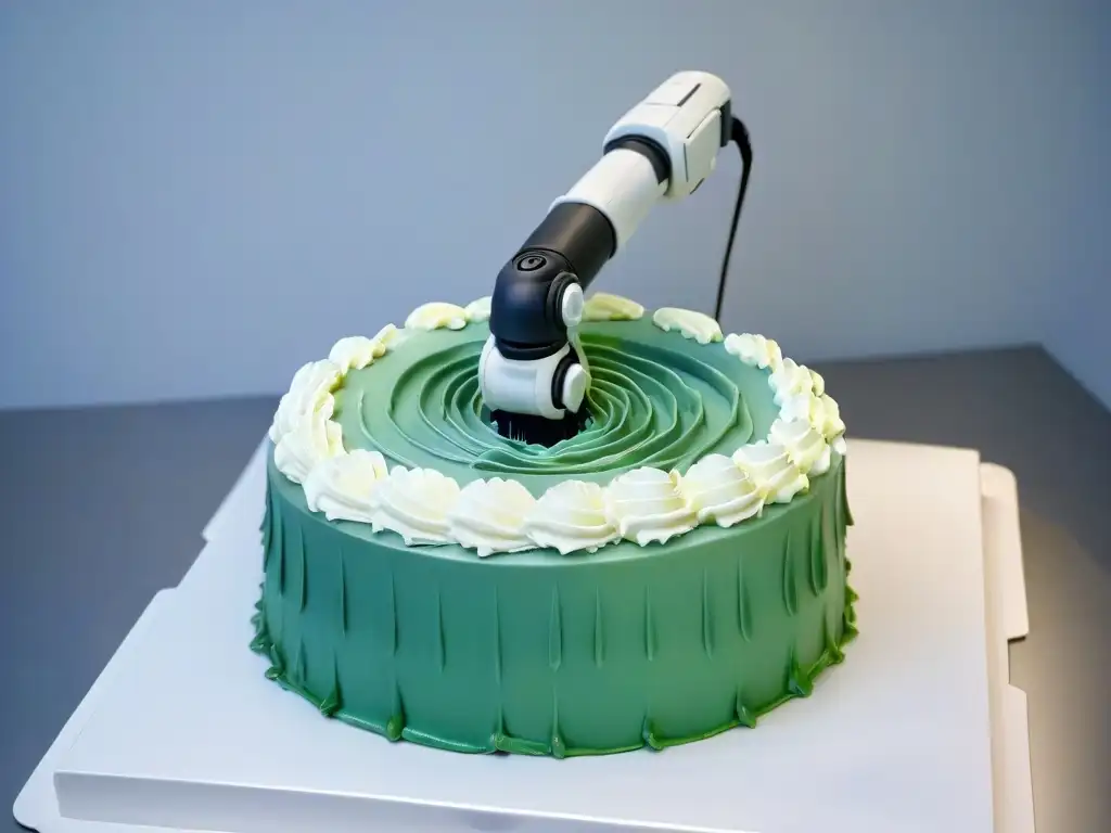 Una escena armoniosa donde un brazo robótico decora un pastel junto a un chef pastelero, mostrando la integración de robots en repostería