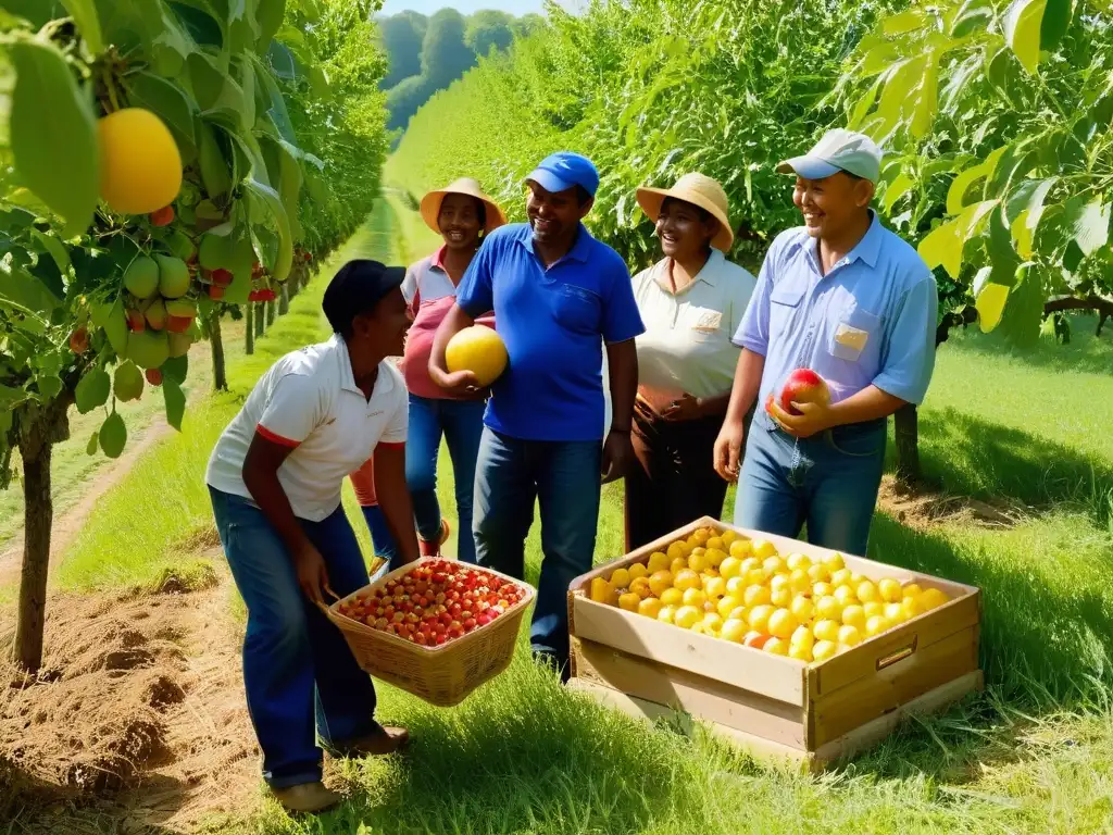 Trabajadores felices cosechando frutas y nueces en un huerto soleado Una escena armoniosa de trabajadores recolectando frutas y nueces en un huerto soleado