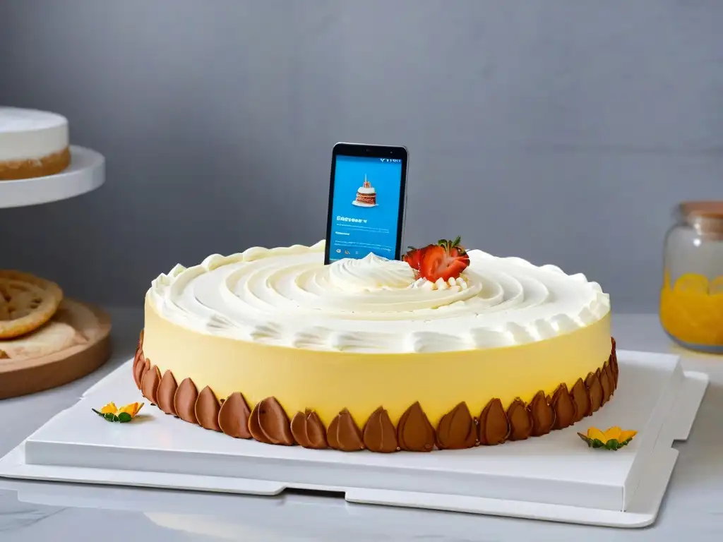 Escena aspiracional de cocina moderna con plantillas digitales repostería gratis en tablet