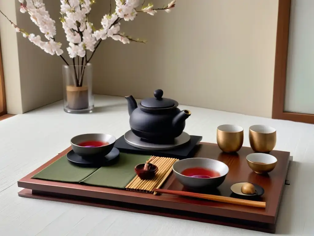 Escena de ceremonia del té en Japón con tatami, tazas de té y jardín zen