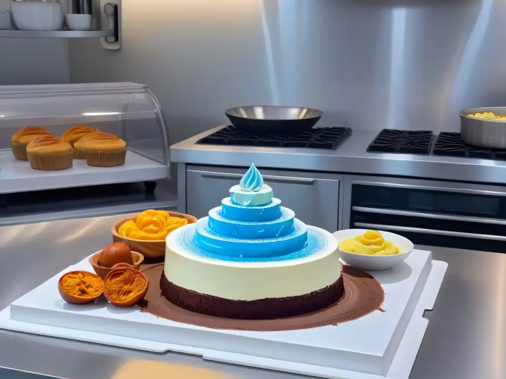 Escena de cocina futurista con Realidad Aumentada en repostería y utensilios modernos