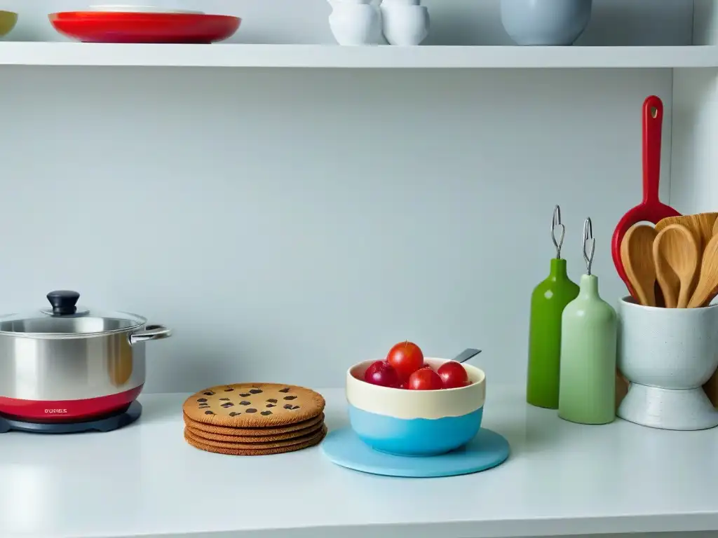 Escena de cocina infantil colorida y creativa con utensilios de repostería para niños