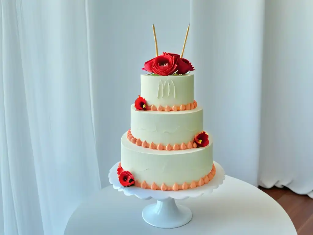 Una escena de cocina minimalista con un elegante pastel decorado en mármol