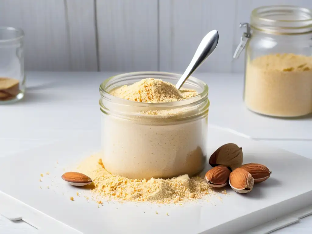 Escena de cocina minimalista con harina de almendras, almendras enteras y cuchara de medir, iluminada por luz natural