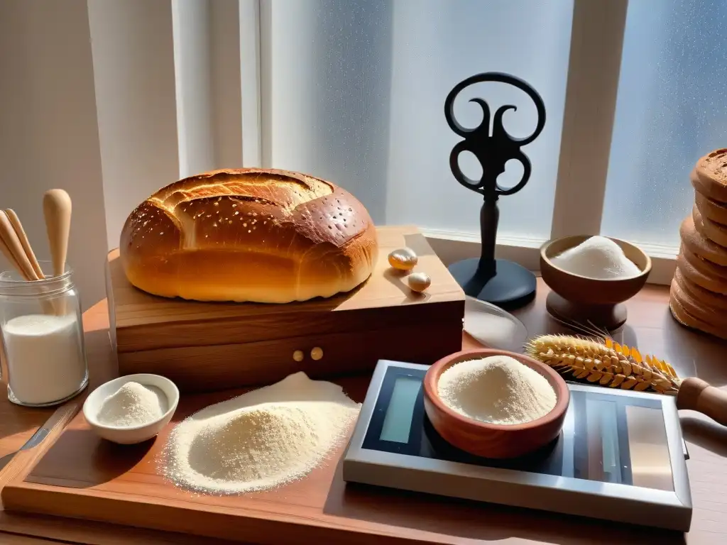 Escena de cocina minimalista con libros electrónicos panadería en casa y utensilios de repostería