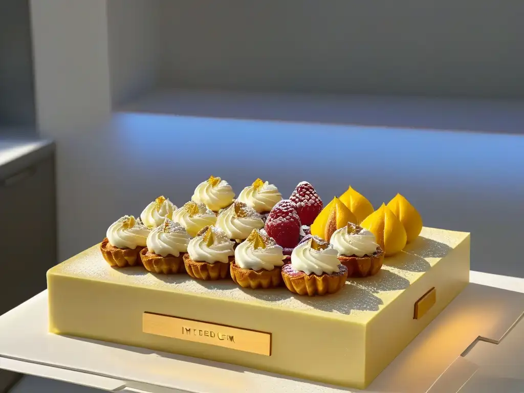 Escena de cocina minimalista con tendencias gastronomía pastelería alta gama: postre de autor fusionado con arte y lujo