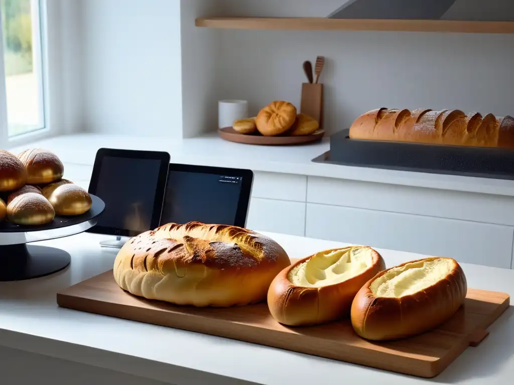 Escena de cocina moderna con tablets mostrando libros electrónicos de panadería en casa