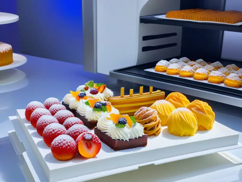 Escena de cocina moderna con repostería innovadora y colorida