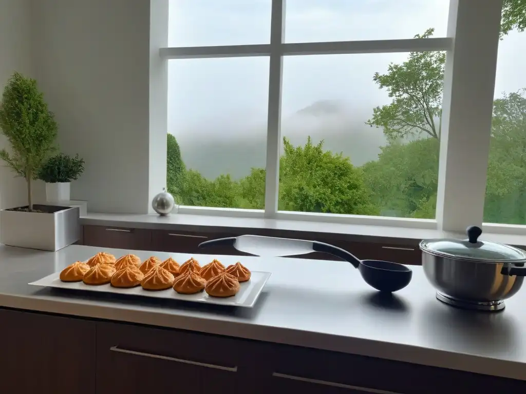 Escena de cocina moderna con vistas al jardín, ideal para retiros de cocina repostería especialidad