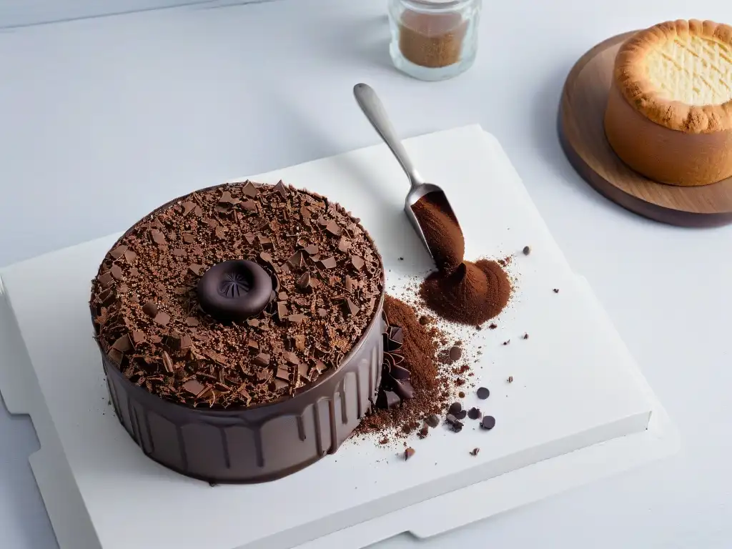 Escena creativa de cocina moderna con restos de bizcocho y trufas en un delicado bol de chocolate, evocando transformación y creatividad