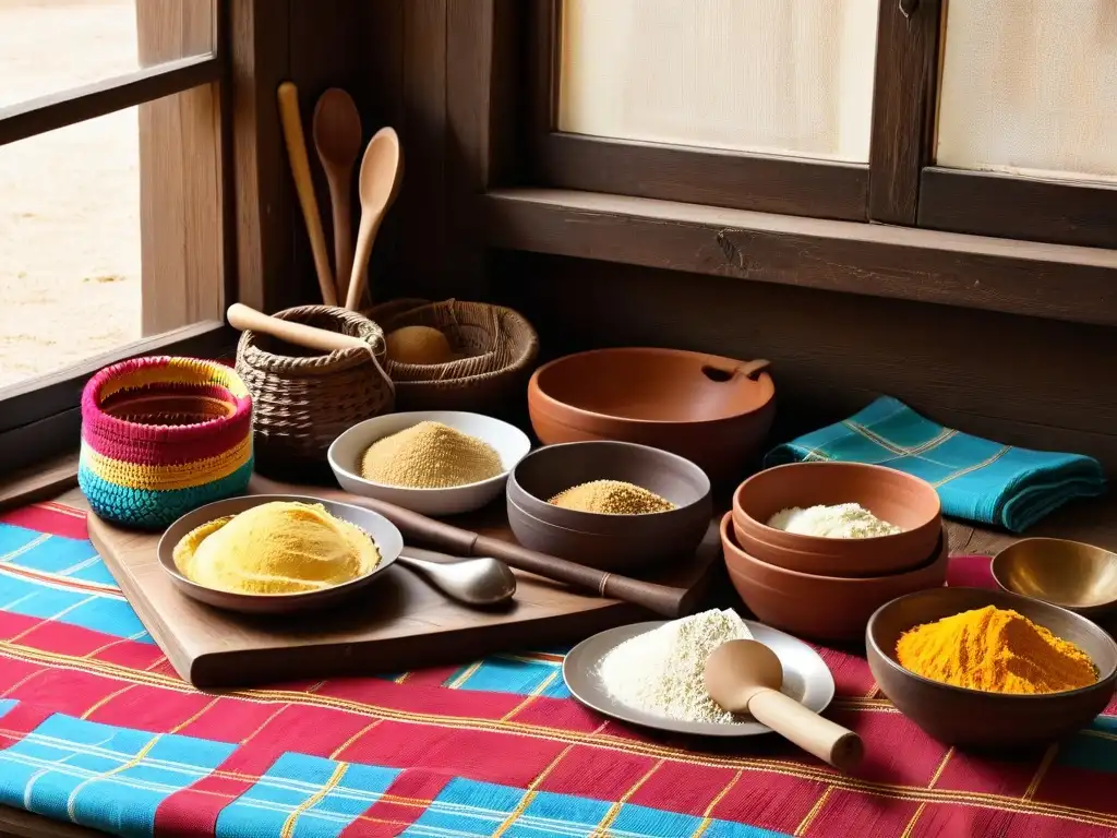 Una escena cultural africana con utensilios de cocina tradicionales y coloridos tejidos, ideal para postres africanos sin gluten