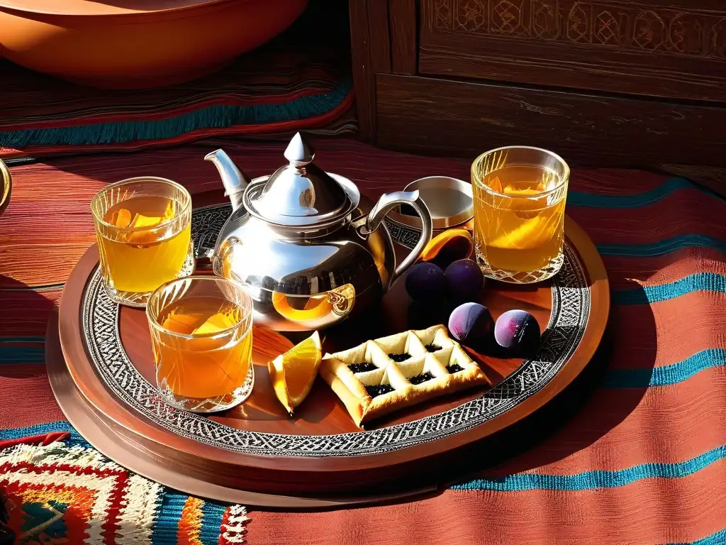 Una escena cultural rica y cautivadora de un set de té marroquí, resaltando influencias árabes en postres