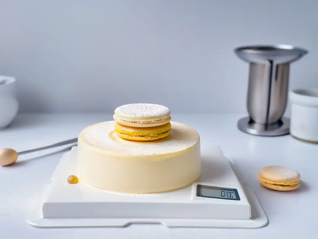 Escena detallada de una encimera de mármol blanco con herramientas para hacer macarons perfectos