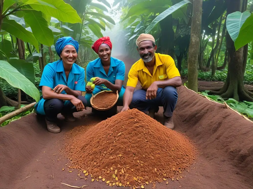 Una escena detallada de granjeros sonrientes cosechando cacao en una plantación certificada de Comercio Justo