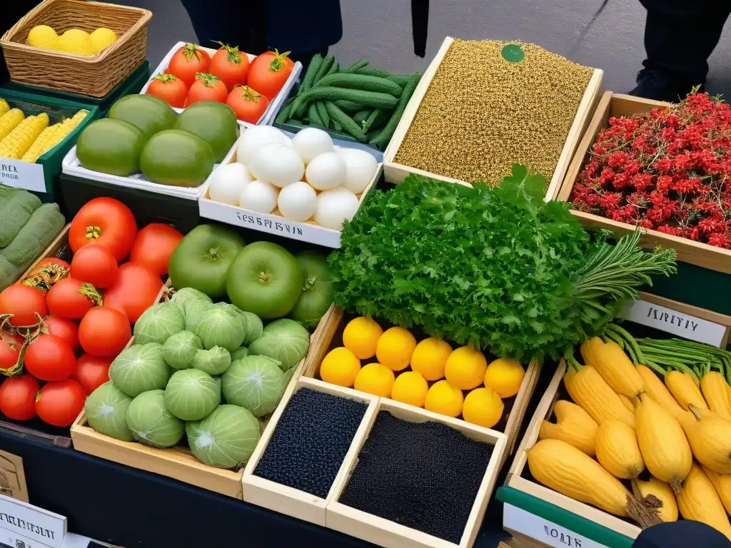 Una escena detallada de manos seleccionando ingredientes éticos en un mercado, destacando frutas, verduras y hierbas vibrantes