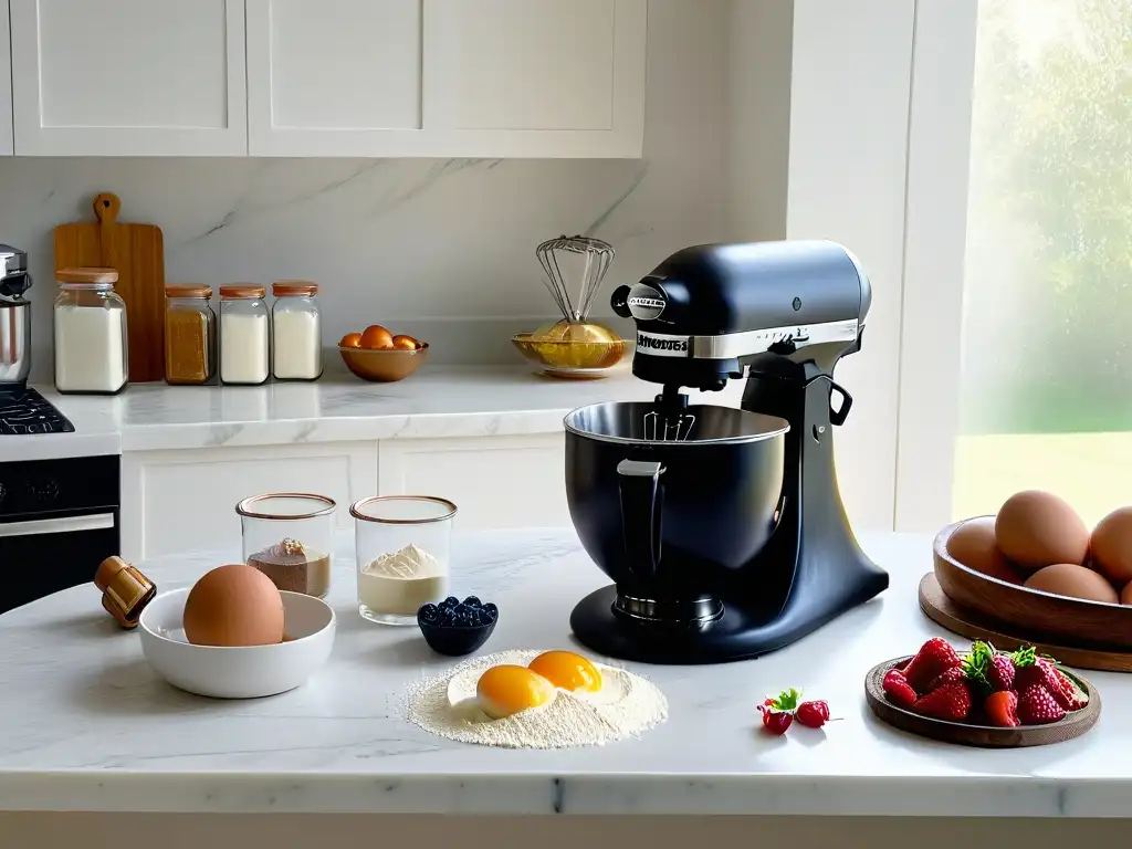 Escena elegante de cocina de mármol blanco con ingredientes para postres rápidos, libros de repostería y recetas