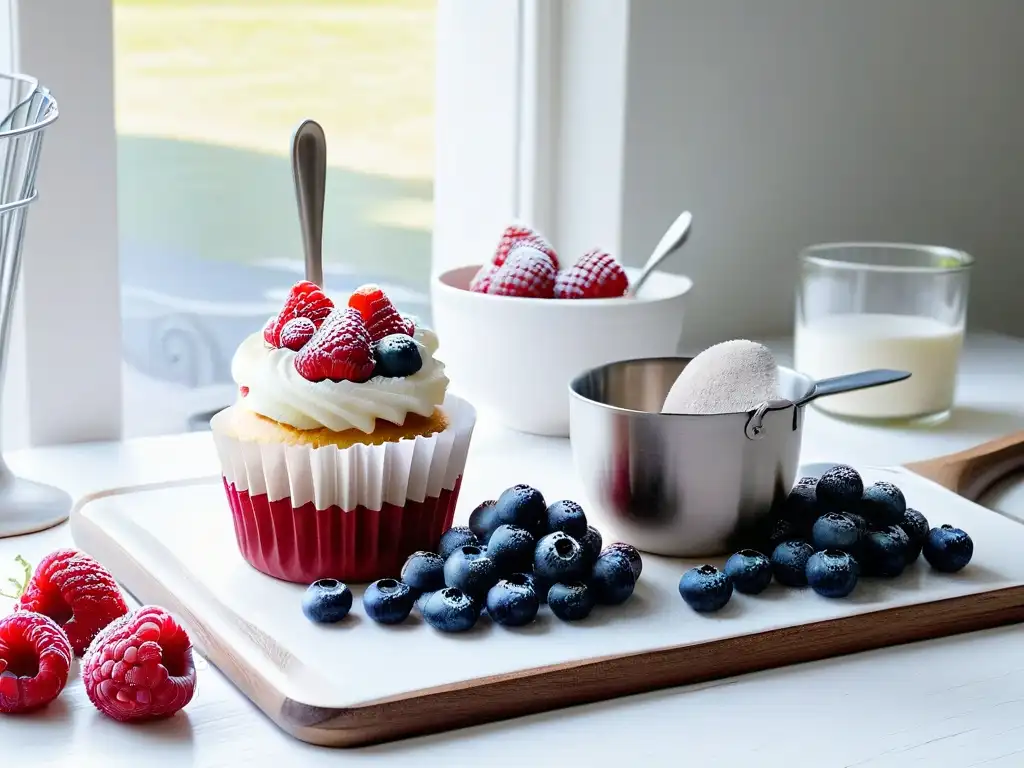 Escena elegante de cocina con frutas frescas y utensilios gourmet para cupcakes saludables gourmet recetas