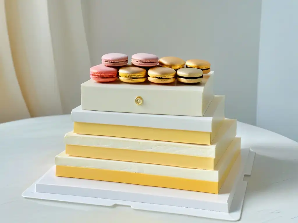 Escena elegante de libros de repostería francesa rodeados de macarons pastel, iluminados por luz natural