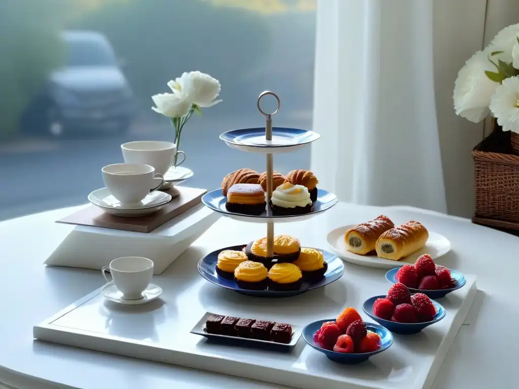 Escena elegante de mesa lista para tarde de té con postres variados y flores frescas, bañada en suave luz natural