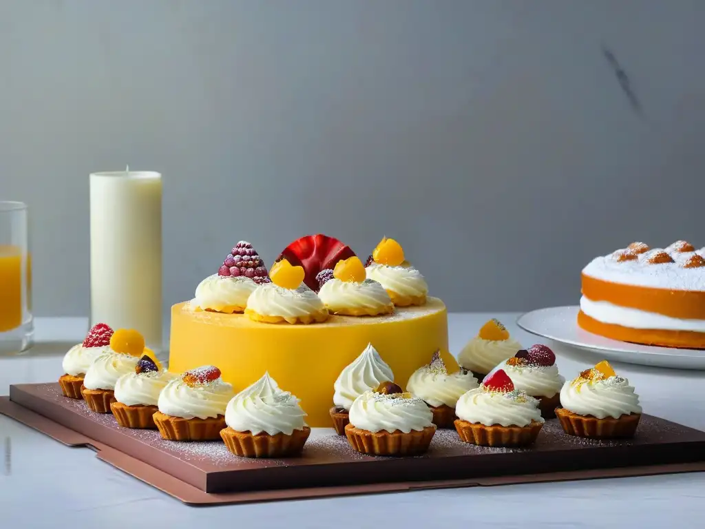 Escena elegante de repostería en cocina moderna con pasteles decorados