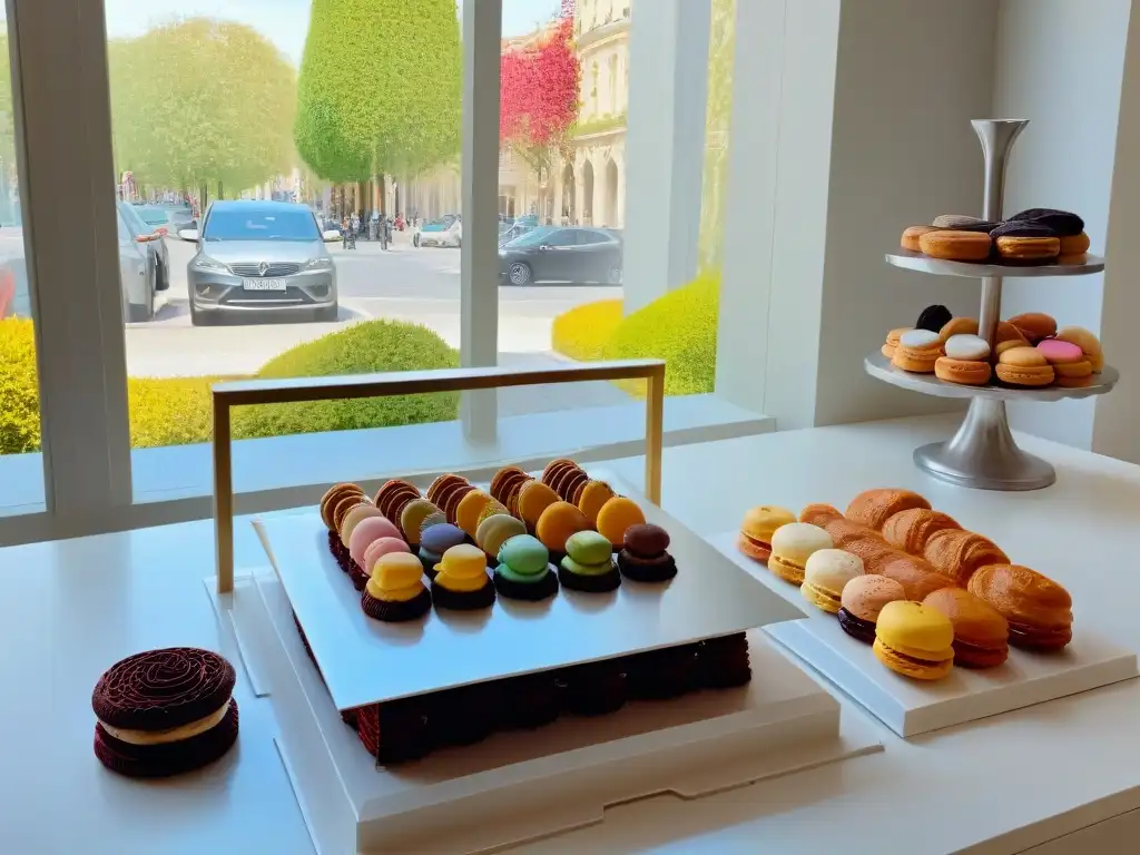 Una escena elegante de repostería francesa tradicional del siglo, con exquisitos pasteles y dulces en una cocina minimalista y detallada