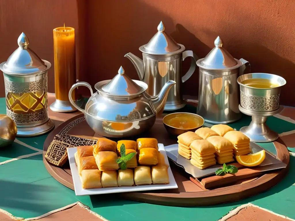 Arte culinario marroquí: té, pastelería y diseño Una escena elegante y serena de un set de té marroquí tradicional y repostería marroquí: historia y sabores