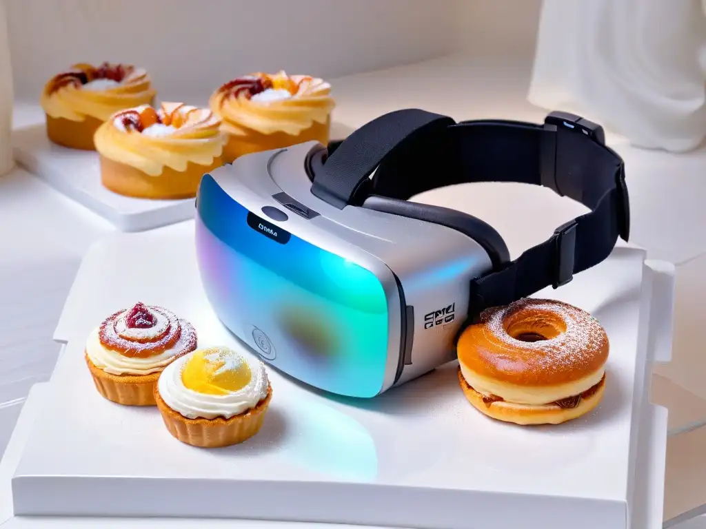 Una escena futurista: un auricular de realidad virtual rodeado de repostería moderna en mármol