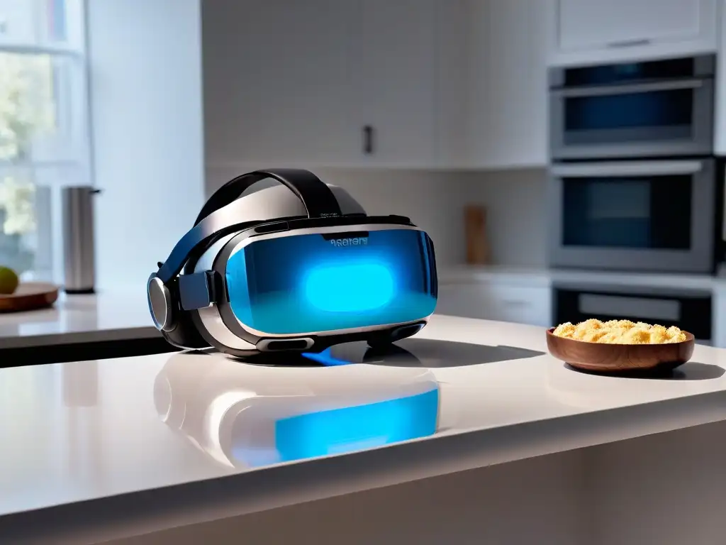 Realidad virtual en la cocina: fusión de tecnología y creatividad Una escena futurista en la cocina: un auricular de Realidad Virtual en repostería creativa sobre la encimera, iluminado con elegancia