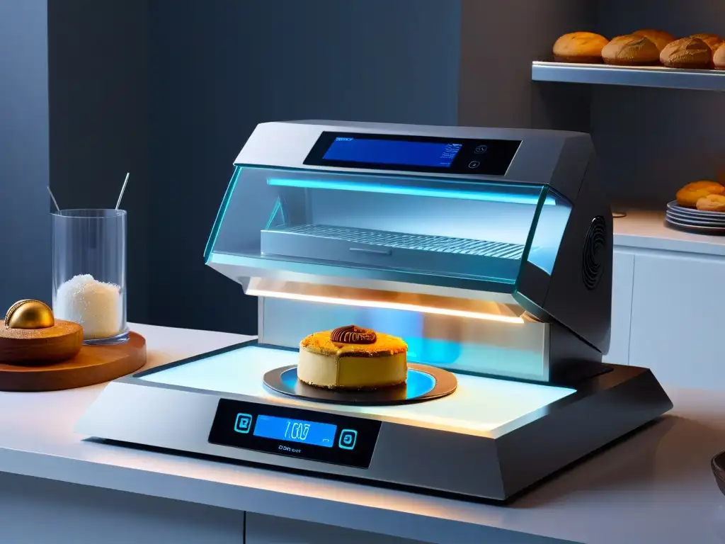 Escena futurista en una cocina con tecnologías avanzadas creaciones reposteras, herramientas de alta gama y una pantalla holográfica