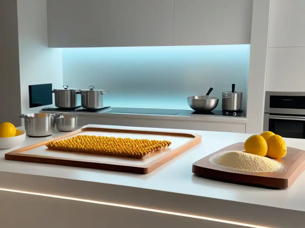 Escena futurista de cocina con utensilios tradicionales y dispositivos de Realidad Aumentada para aprender repostería