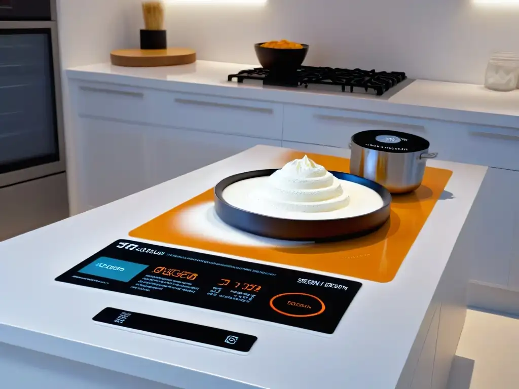 Escena futurista en cocina virtual con herramientas AR para repostería