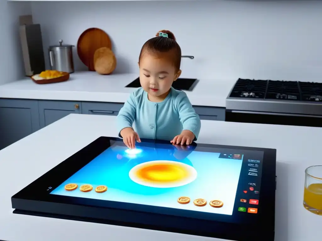 Escena futurista de Realidad Aumentada: repostería para niños divertida en cocina moderna y minimalista