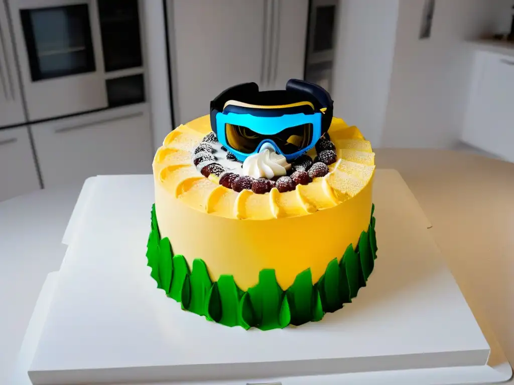 Una escena futurista de Realidad Aumentada en repostería innovadora con un casco avanzado en una cocina minimalista