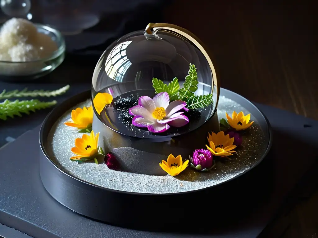 Exquisita esfera de azúcar transparente con jardín de flores y hierbas comestibles en un plato de pizarra negra Escena futurista de repostería molecular con esfera de azúcar transparente y jardín comestible, tendencias repostería molecular futuro