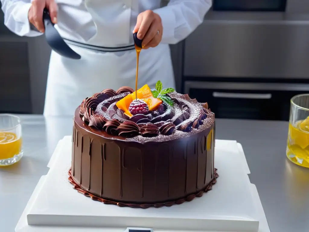 Escena futurista de repostería con Realidad Aumentada: un pastel de chocolate se forma paso a paso en una cocina moderna y luminosa