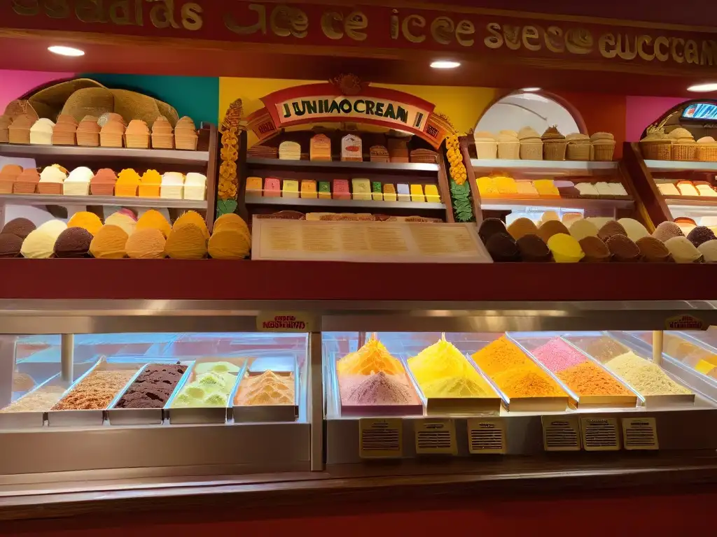 Escena de heladería latinoamericana con sabores helados artesanales y colores vibrantes