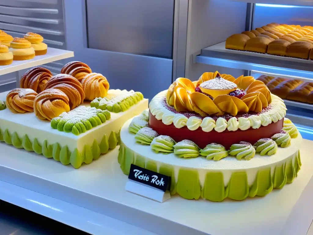 Escena impresionante de pastelería de élite global: detallada cocina con mármol blanco y exquisitas pastelerías francesas