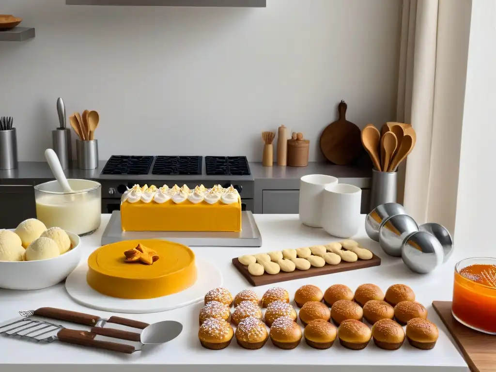 Escena inspiradora de utensilios de repostería en un mostrador blanco impecable, casos éxito merchandising repostería