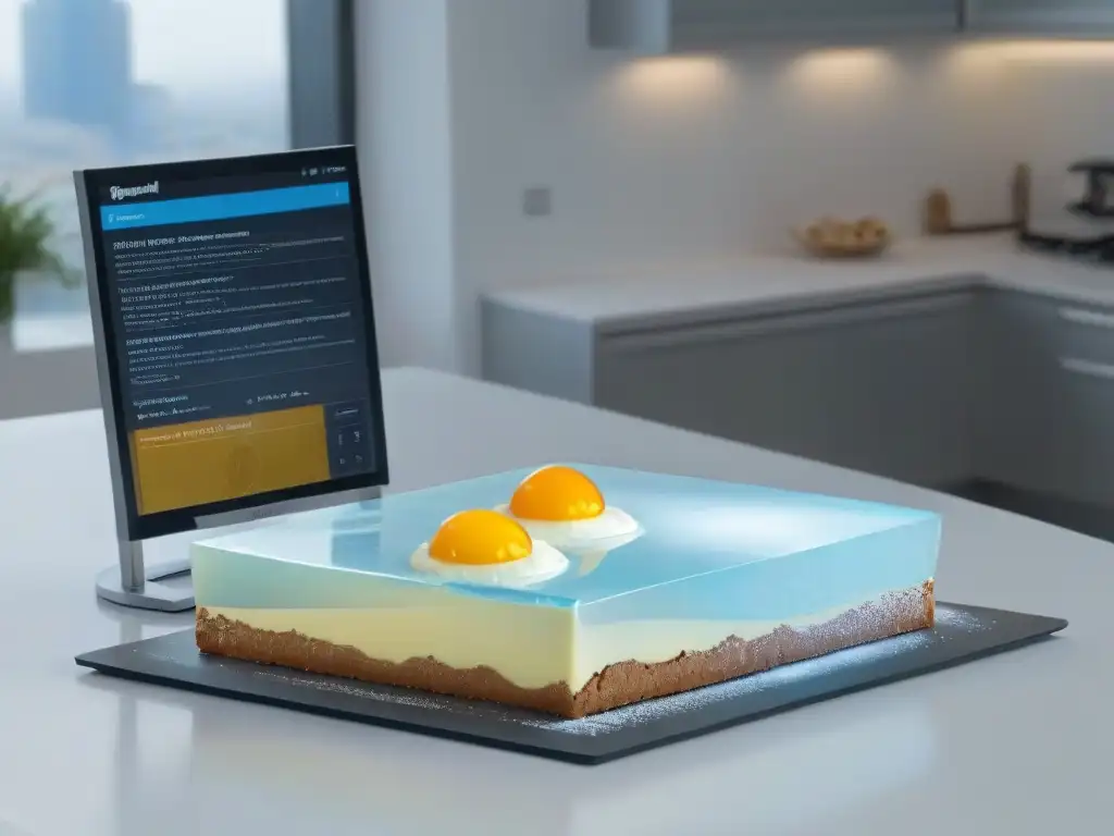 Escena minimalista de cocina con Realidad Aumentada para repostería: rodillo, harina, huevos y recetas digitales en superficie de mármol