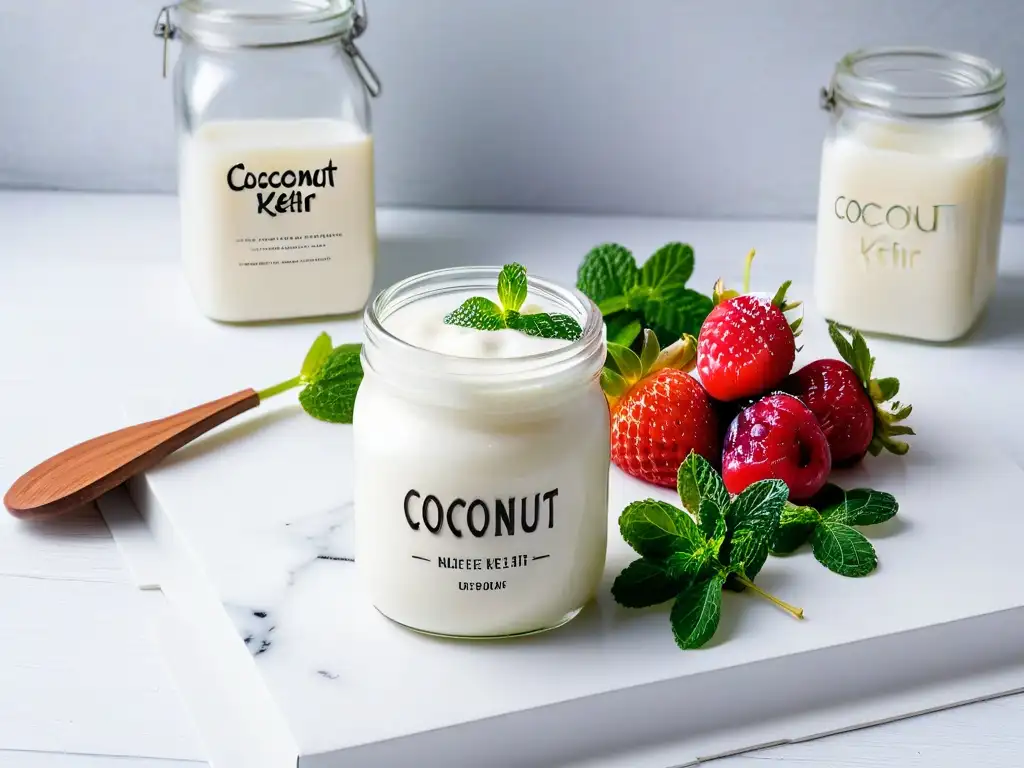 Escena minimalista con kéfir de coco, bayas frescas y menta, iluminada por luz natural