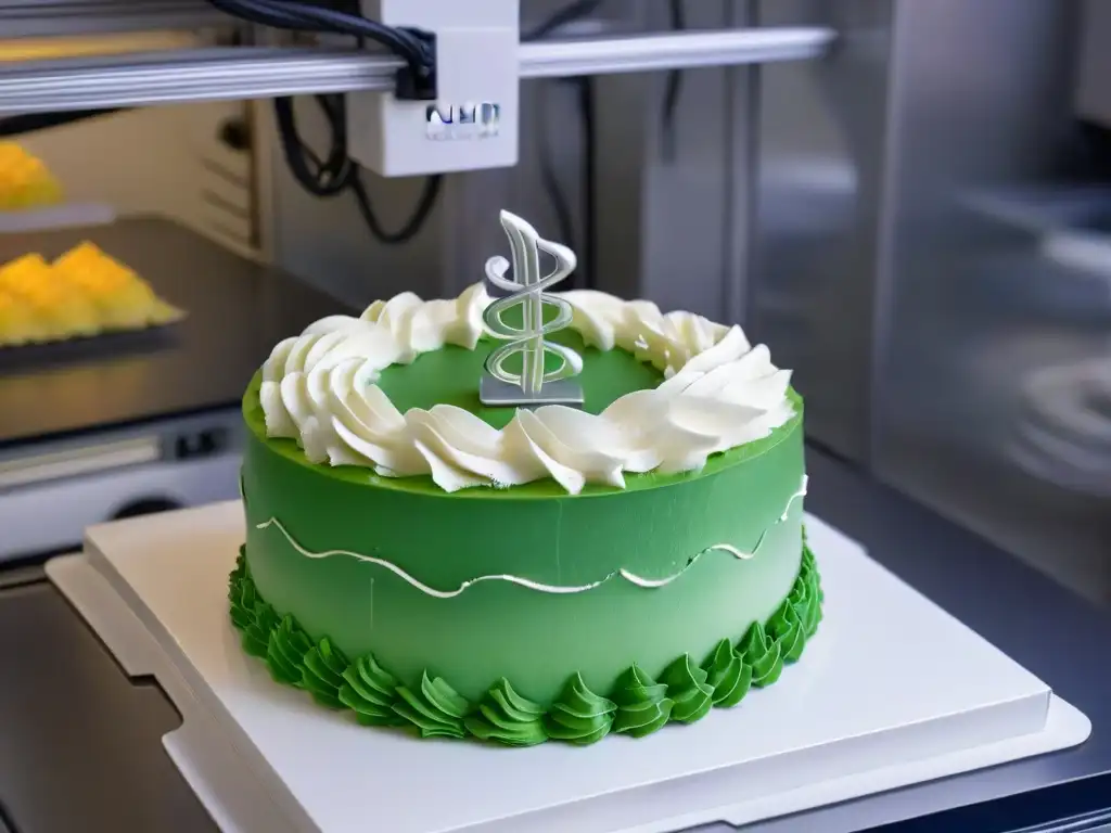 Una escena moderna en una panadería, fusionando la tecnología de una impresora 3D con la artesanía de la repostería